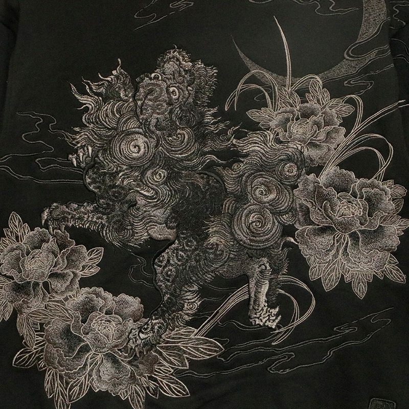 漆 唐獅子牡丹刺繍スウェットパーカー◇絡繰魂 ブラック XXLサイズ