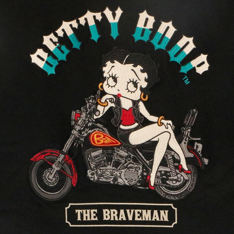 m6795【コラボ】【Betty Boop Braveman】ツナギ XXL 黒 THE BRAVEMAN × BETTY BOOP ベティ × アメリカンバイク 刺繍 天竺 長袖