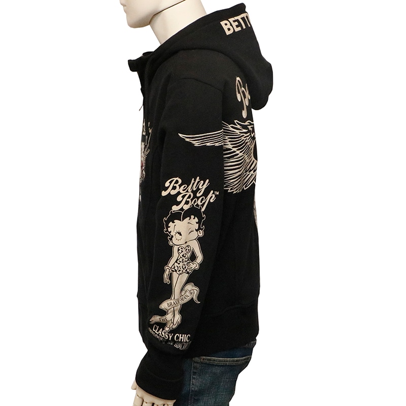 新品 Super Beauty ペプラムパーカー 黒 42 FOXEY Rene THE BRAVEMAN × BETTY BOOP ウイングベティ 柄 刺繍 裏毛 長袖