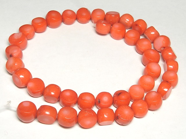 A0302 本珊瑚 約9mm径コーラルビーズ 根掛 髪飾 9g 戦前 珊瑚ビーズ(コーラル) 太鼓 連販売 約10×7～9mm (染色) ビーズ さんご