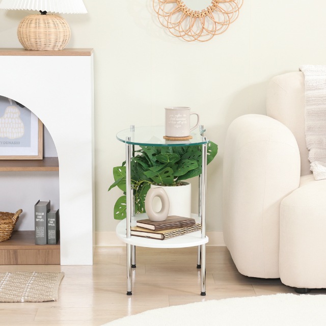 円形ガラスサイドテーブル サイドテーブル 直径55cm 高さ48cm ガラステーブル アルミ脚 円形