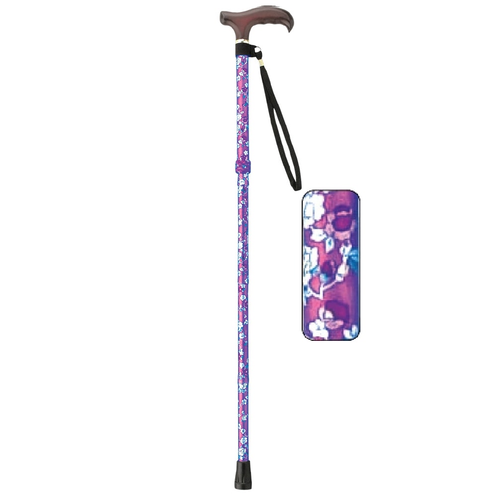 ささえ 雨にも負けず 7つ折伸縮ステッキ（天然木製グリップ／パープル花）