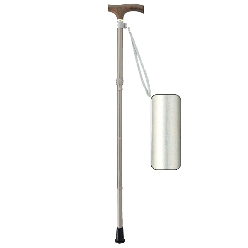 ささえ 雨にも負けず 4つ折伸縮ステッキ（天然木製グリップ／シルバー
