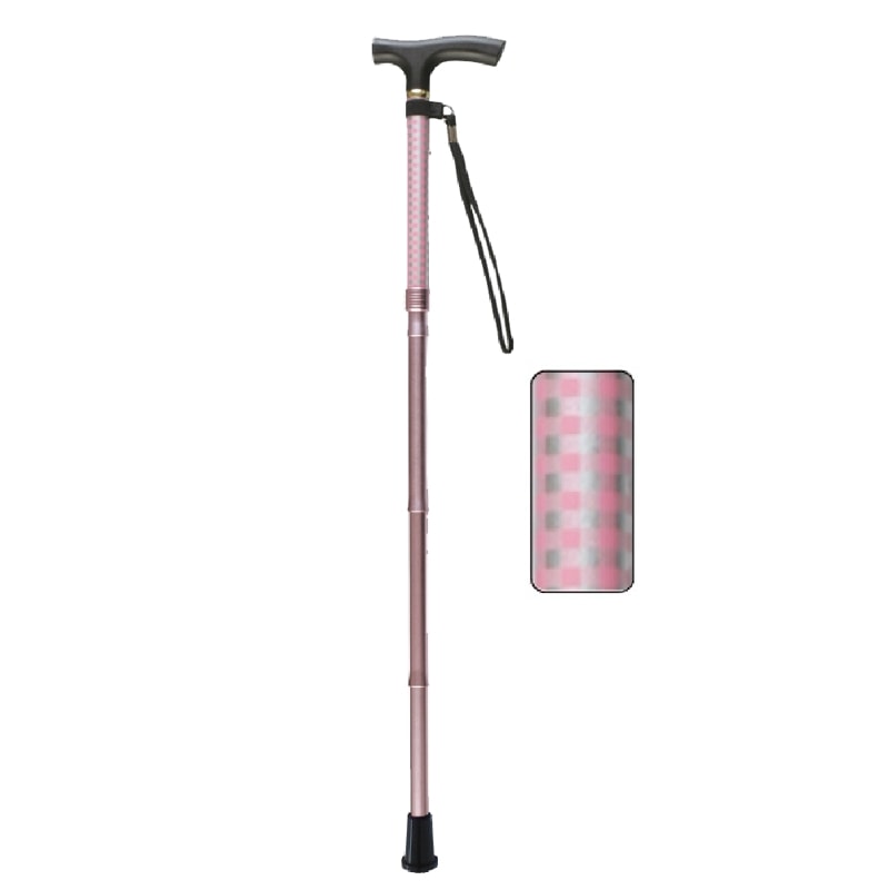 ささえ 雨にも負けず 4つ折伸縮ステッキ（天然木製グリップ／ピンク