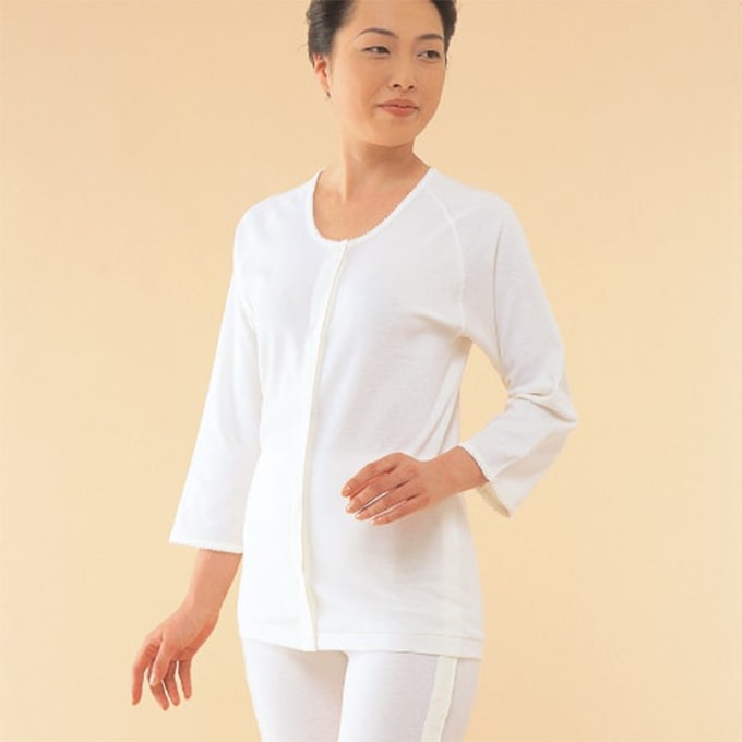 婦人 ワンタッチ肌着 前開き7分袖 マジック式 エジプト綿