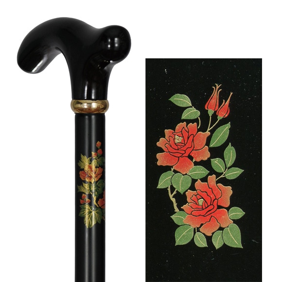 蒔絵風アルミ製長さ調節付折り畳みステッキ 黒・バラ ｜ 杖・ステッキ