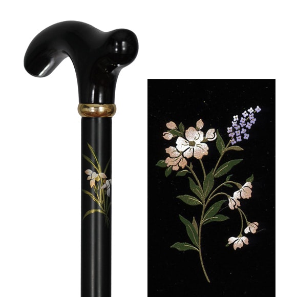 蒔絵風アルミ製長さ調節付折り畳みステッキ 黒・小花