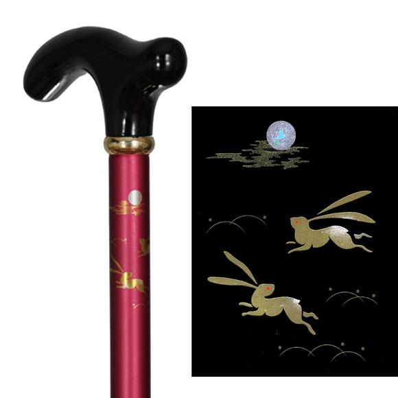 蒔絵風アルミ製長さ調節付折り畳みステッキ 赤・うさぎ
