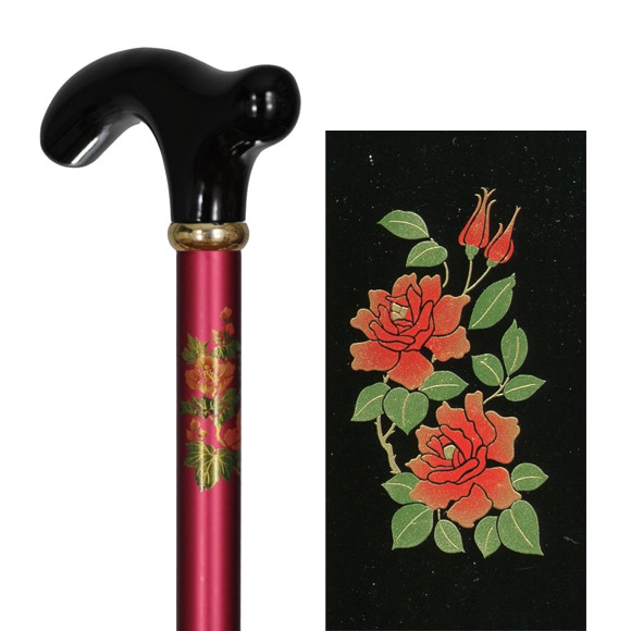 蒔絵風アルミ製長さ調節付折り畳みステッキ 赤・バラ
