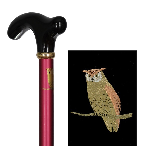 蒔絵風アルミ製長さ調節付折り畳みステッキ 赤・ふくろう