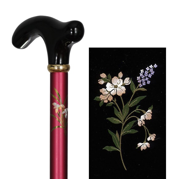 蒔絵風アルミ製長さ調節付折り畳みステッキ 赤・小花