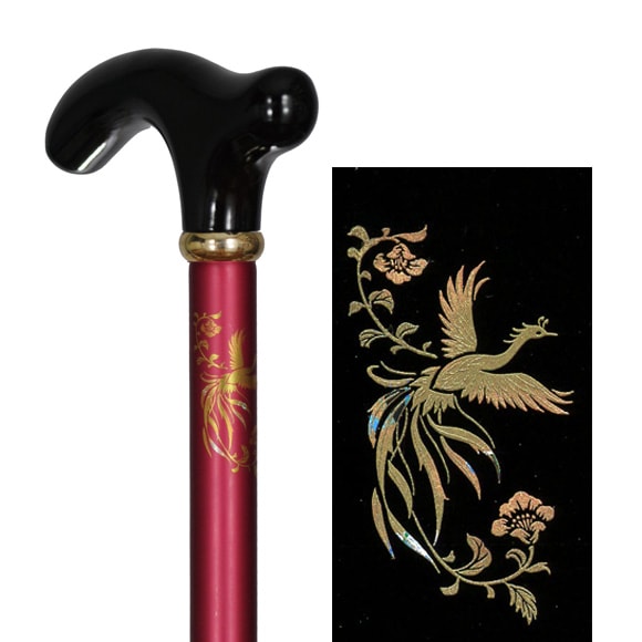 蒔絵風アルミ製長さ調節付折り畳みステッキ 赤・鳳凰 ｜ 杖・ステッキ