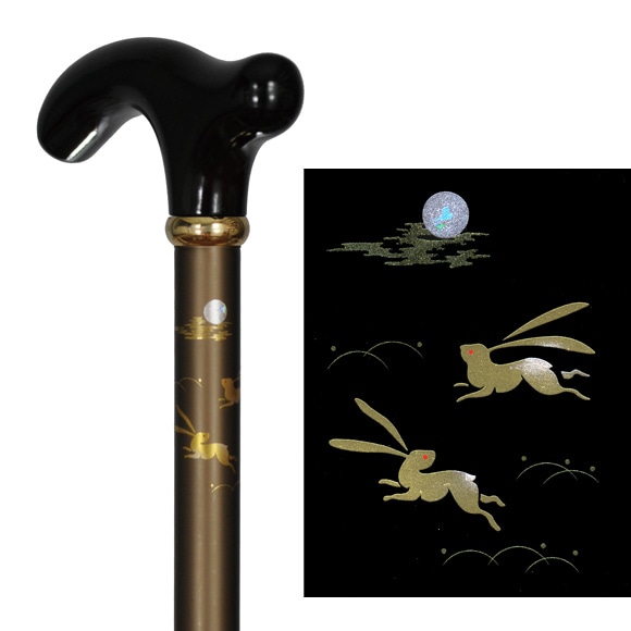 蒔絵風アルミ製長さ調節付折り畳みステッキ 茶・うさぎ