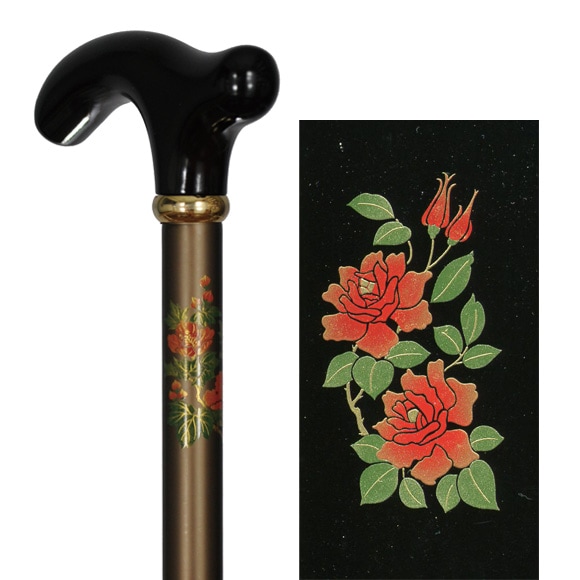 蒔絵風アルミ製長さ調節付折り畳みステッキ 茶・バラ