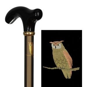 蒔絵風アルミ製長さ調節付折り畳みステッキ 茶・ふくろう ｜ 杖