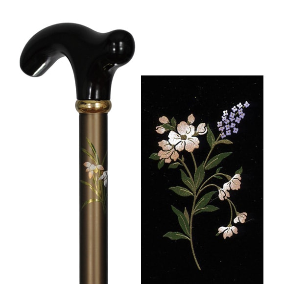 蒔絵風アルミ製長さ調節付折り畳みステッキ 茶・小花