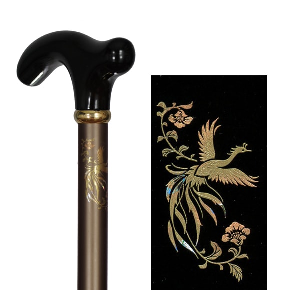 蒔絵風アルミ製長さ調節付折り畳みステッキ 茶・鳳凰