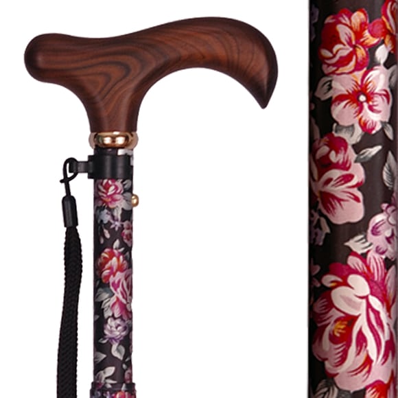 アルミ製・花柄５段折り畳みステッキ ブラック