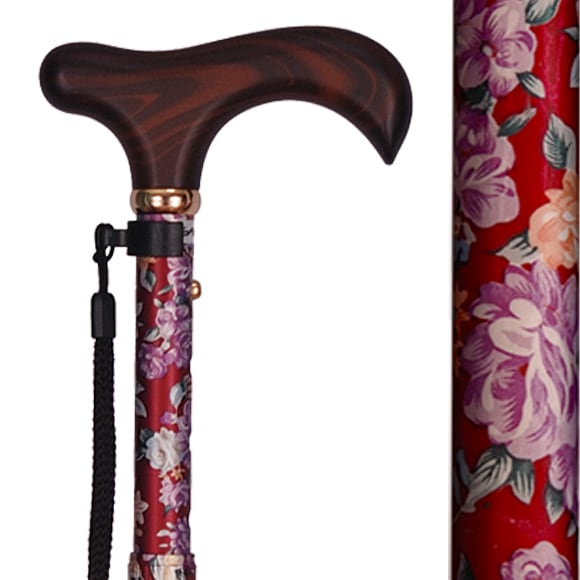 アルミ製・花柄５段折り畳みステッキ レッド