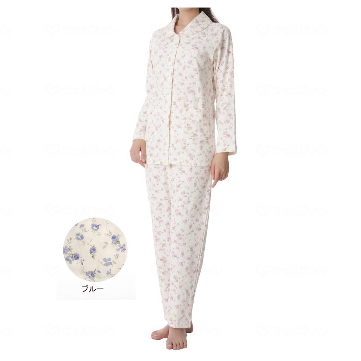 【サマーセール10%OFF】【超売れ筋】婦人らくらくパジャマ・スムース 花柄 ブルー