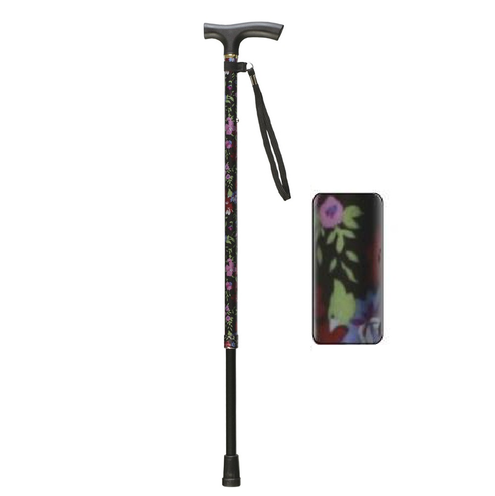 【父の日クーポン最大10%OFF】軽量アルミ製ステッキ さぽ～と 雨にも負けず 黒花柄