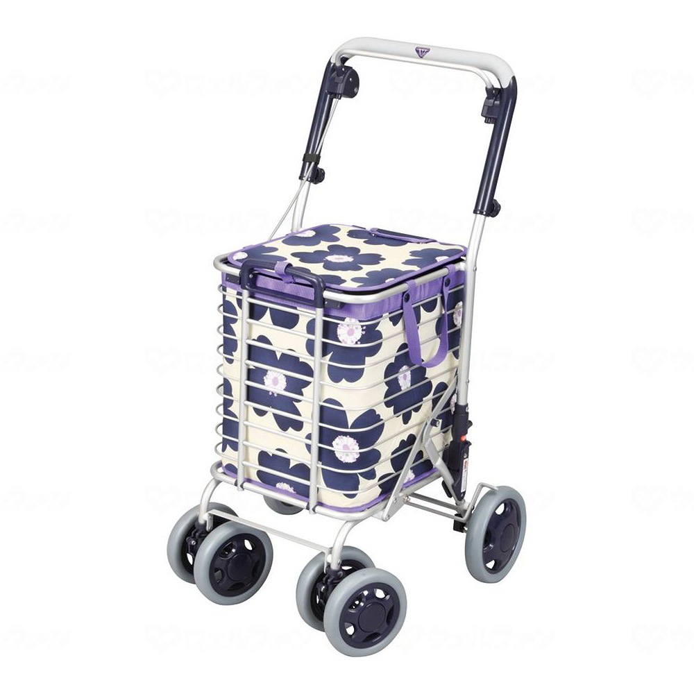 ブレーキ付 アルミワイヤーカート 花柄青