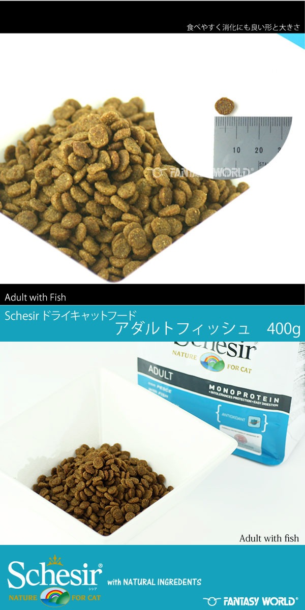 無添加・無着色 Schesir シシア ドライフード アダルト フィッシュ 400g 総合栄養食【猫/無添加/キャットフード/成猫/アレルギー】