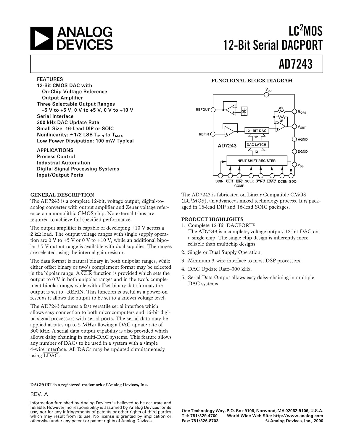 ANALOG DEVICES(アナログ・デバイセズ) D/Aコンバータ 12bit DAC AD7243AR
