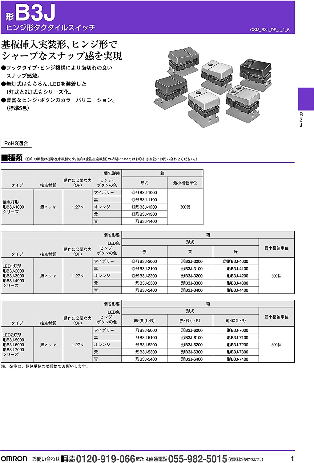 OMRON 汎用品 ヒンジ形 タクタイルスイッチ 形B3J 黒 B3J-1100 (5個セット) | カテゴリ別,部品,制御部品,工業用 ...