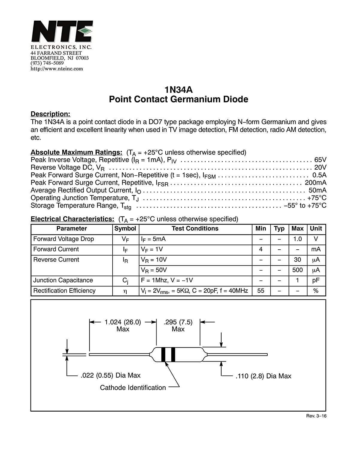 NTE Electronics 汎用品 ゲルマニウム ダイオード 65V 0.5A 1N34A (5個