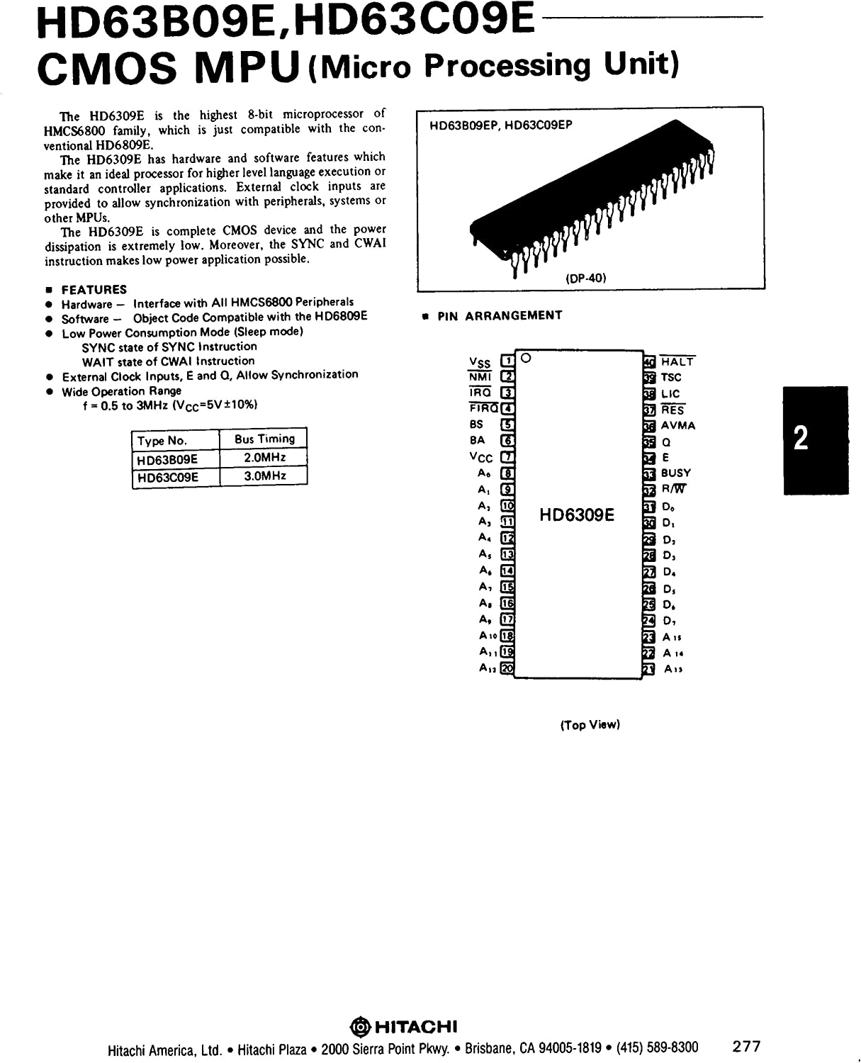 HITACHI 8bit 2MHz MPU Micro Processing Unit HD63B09EP カテゴリ別,部品,半導体製品,マイクロプロセッサ