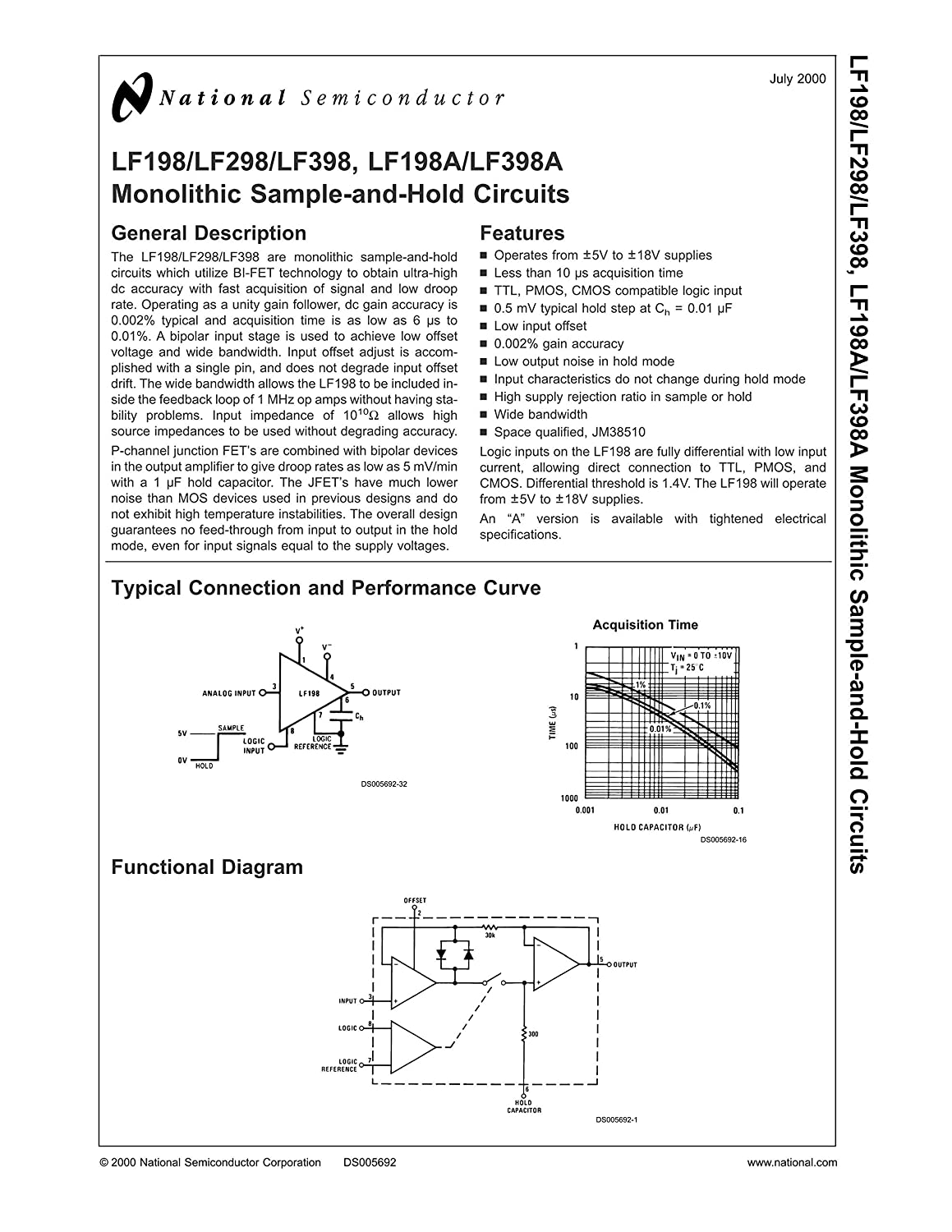 National Semiconductor LFx98x モノリシック・サンプル・アンド・ホールド回路 LF398AN (5個セット