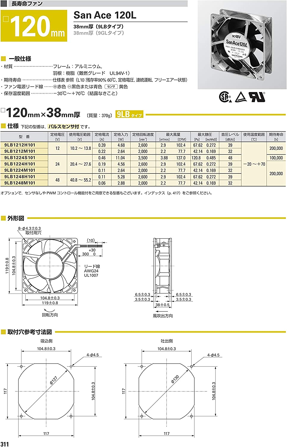 SANYO SAN ACE120L 長寿命 DC24V 0.19A 120×120×38mm DCファンモータ 9LB1224H101