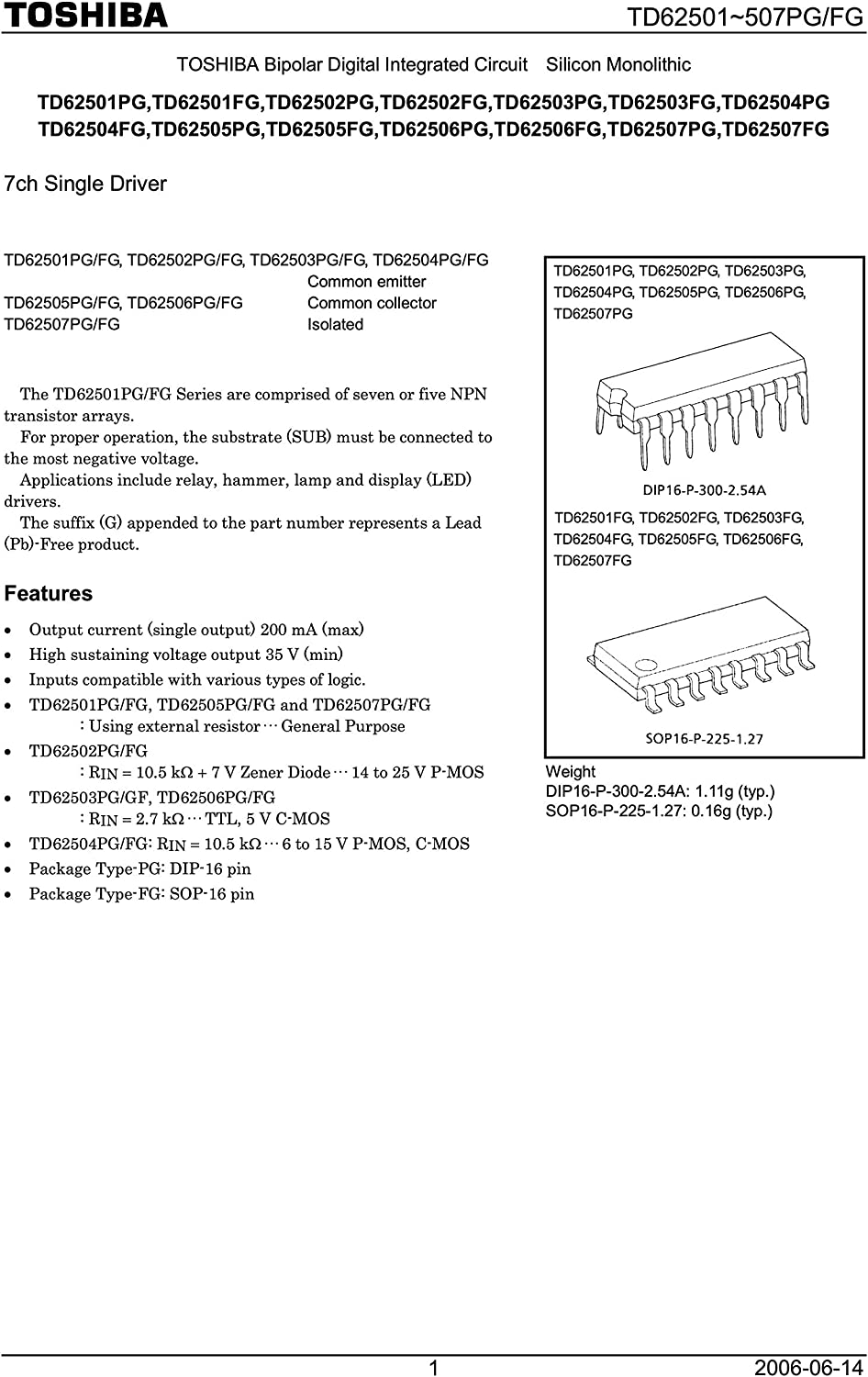 TOSHIBA Bipolar Digital Integrated Circuit Silicon Monolithic 7ch Single Driver TD62504PG(5,J) (2個セット)