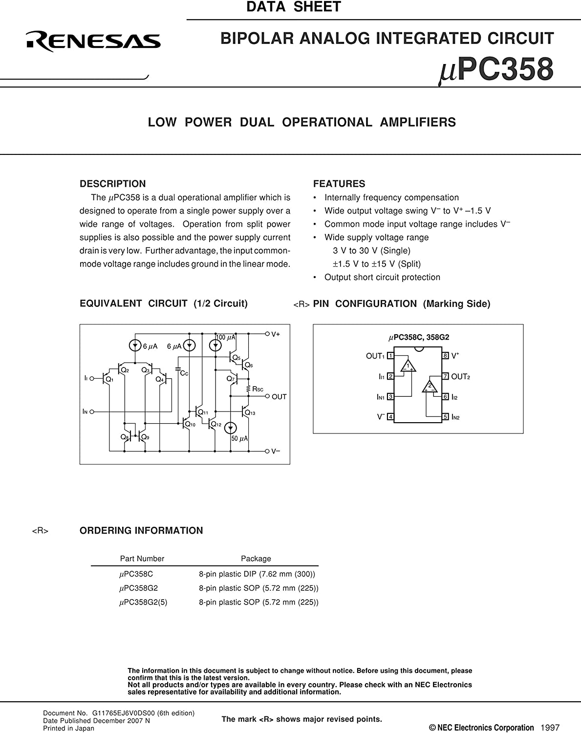 RENESAS Bipolar Analog Integrated Circuit オペアンプ UPC358CA (5個セット