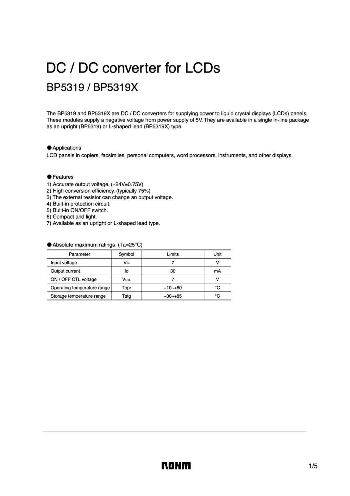 ROHM DC / DC converter for LCDs コンバータ BP5319 | カテゴリ別,部品,半導体製品,信号部品,信号変換 ...