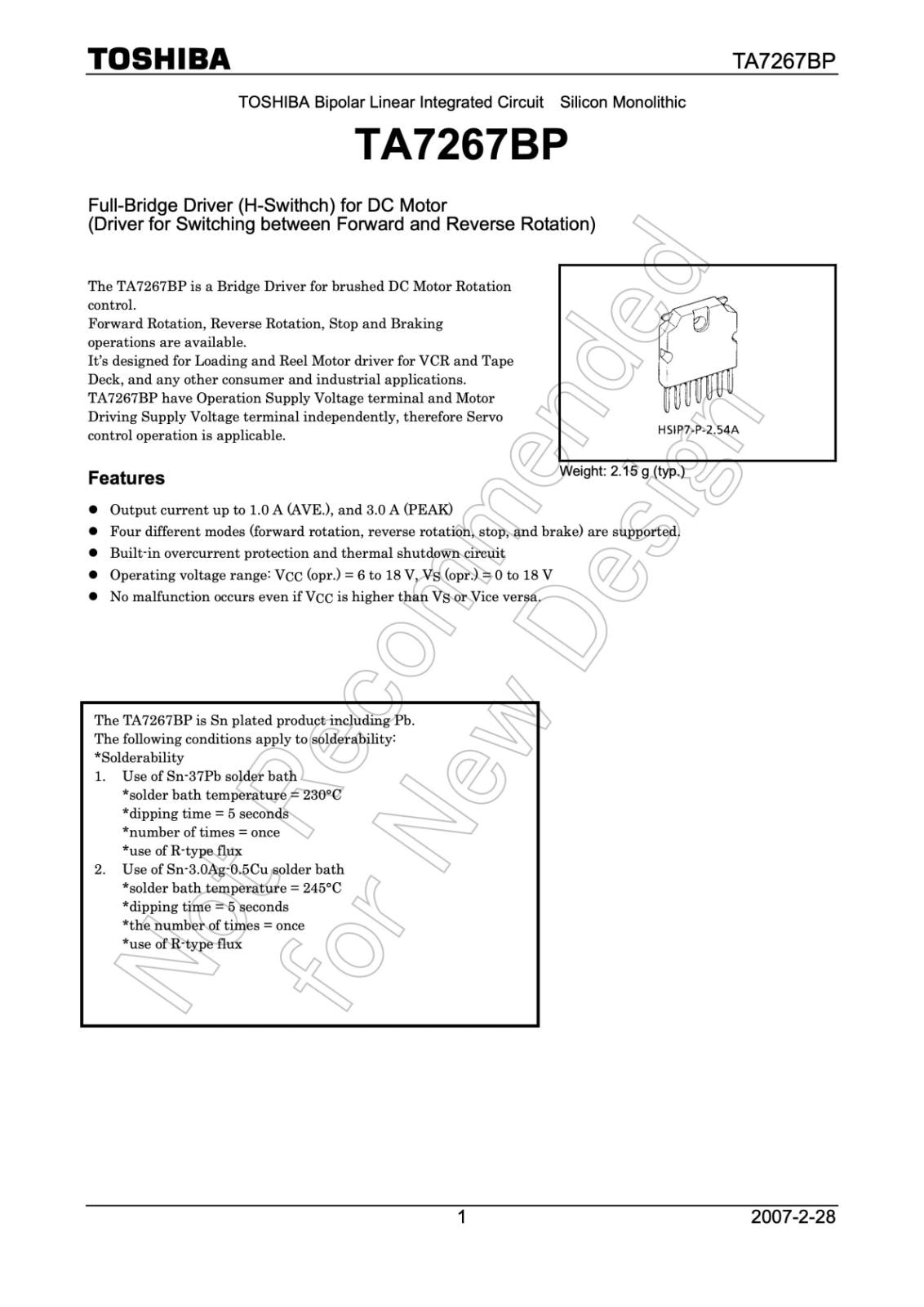 TOSHIBA Full-Bridge Driver for DC Motor モータドライバ IC TA7267BP