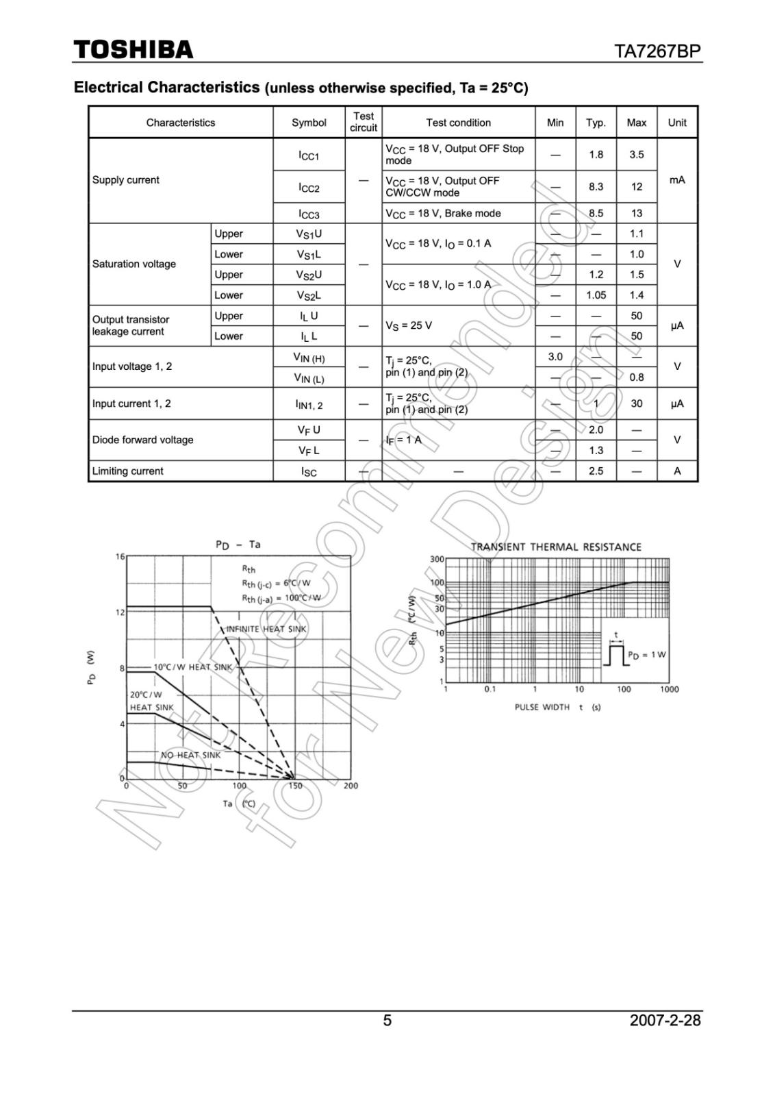 TOSHIBA Full-Bridge Driver for DC Motor モータドライバ IC TA7267BP