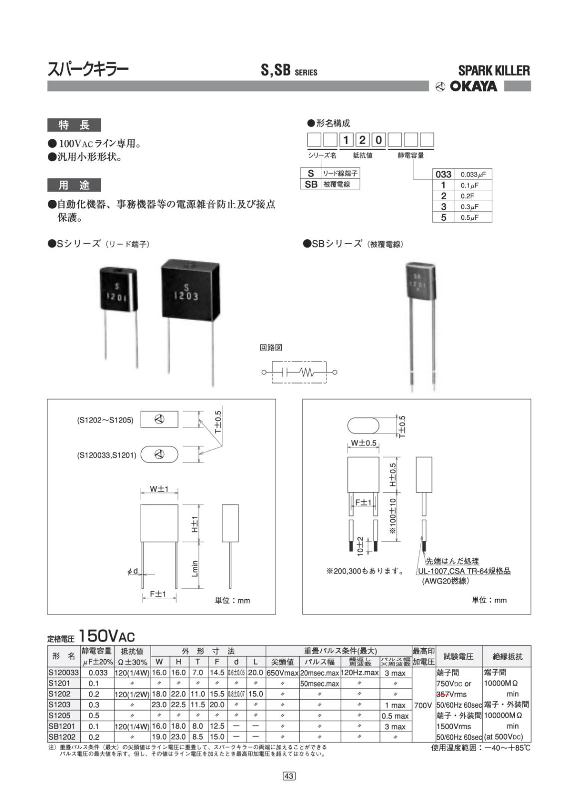OKAYA スパークキラー 120Ω 1/2W 150V AC 0.2μF S1202 (5個セット)
