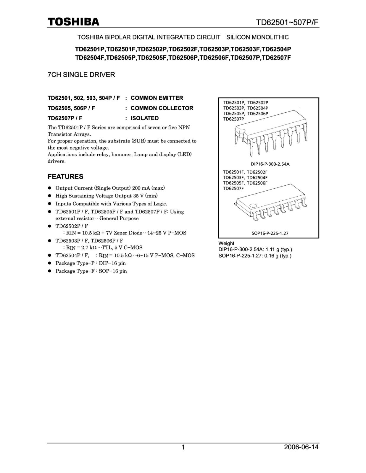 TD62503F 100個 東芝 ダーリントントランジスタアレイ(SOP-16）テープ