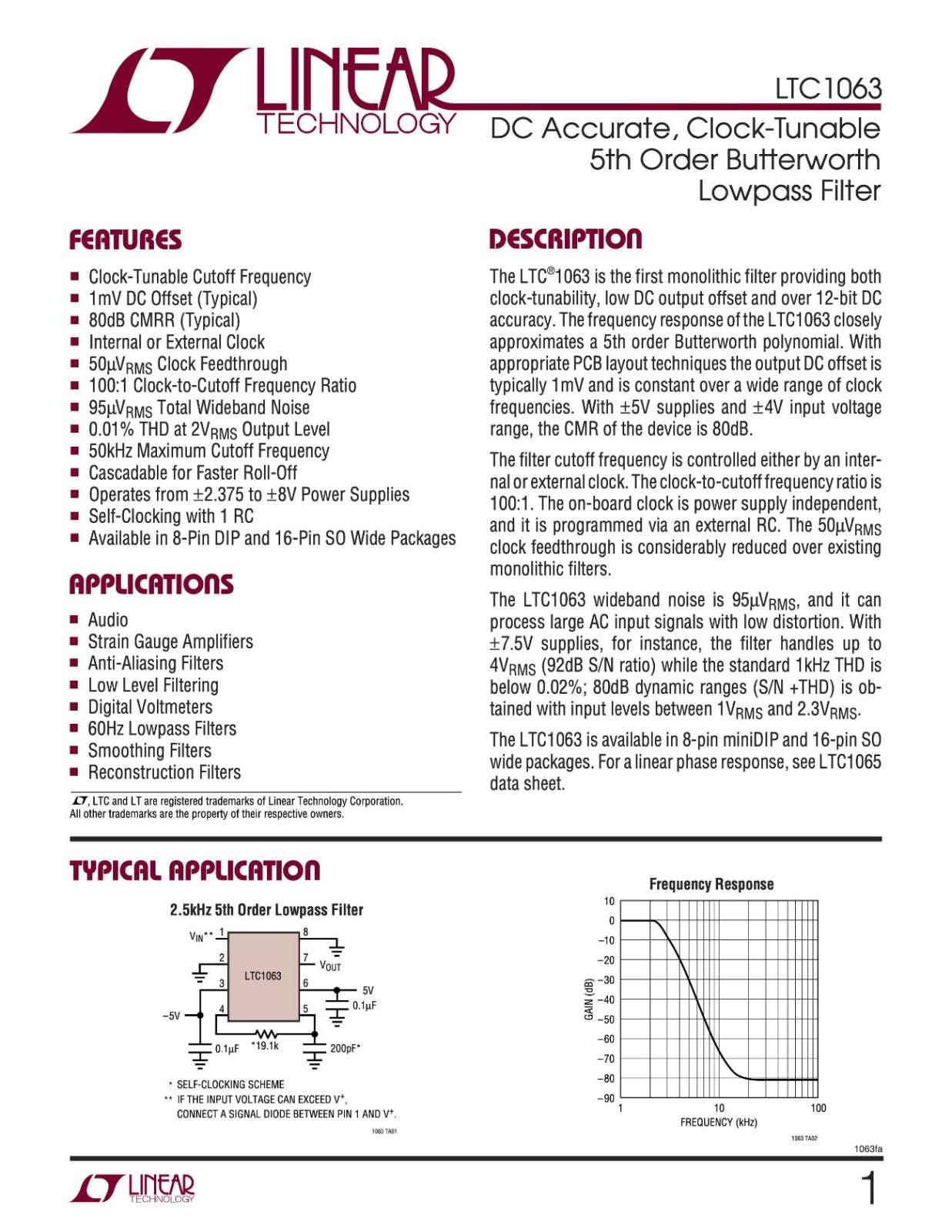 Linear Technology ローパスフィルタ DC Accurate Clock-Tunable 5th Order Butterworth Lowpass Filter LTC1063CSW