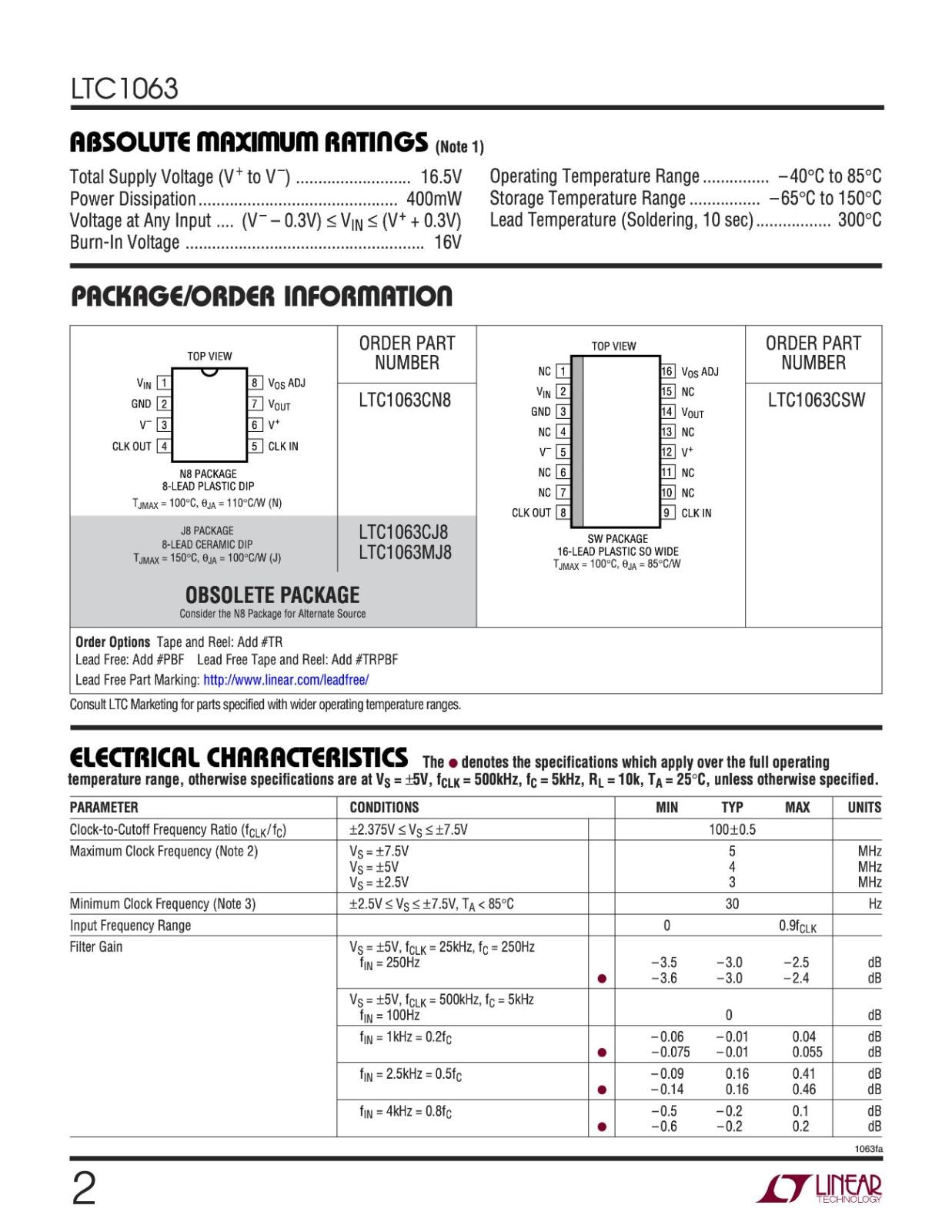 Linear Technology ローパスフィルタ DC Accurate Clock-Tunable 5th Order Butterworth Lowpass Filter LTC1063CSW