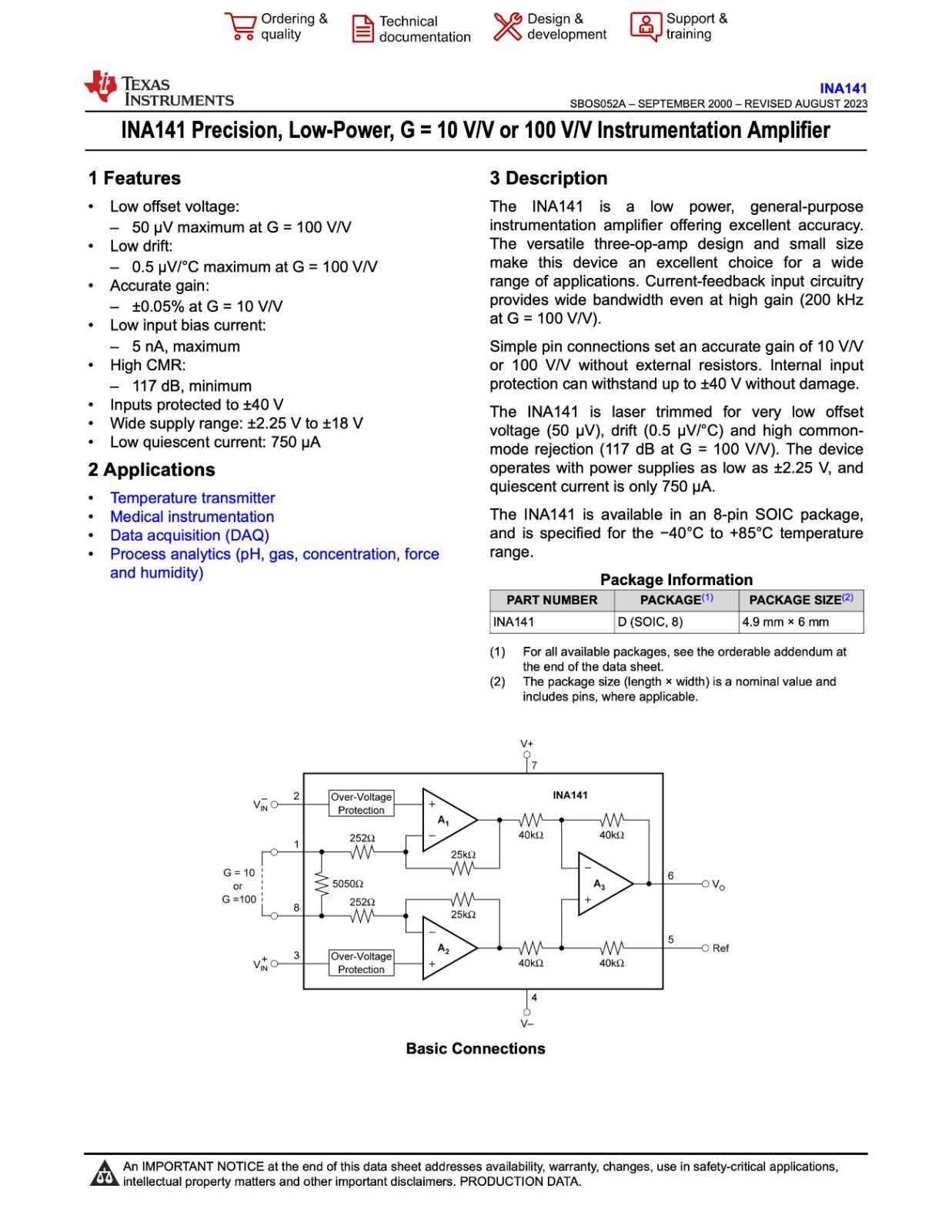 Burr Brown 1回路 高精度 計装アンプ Precision Low Power G = 10 V/V or 100 V/V