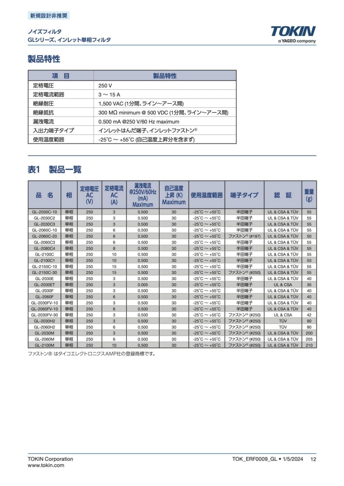 NEC TOKIN インレット単相フィルタ ノイズフィルタ AC / DC 250V 3A GL-2030FV
