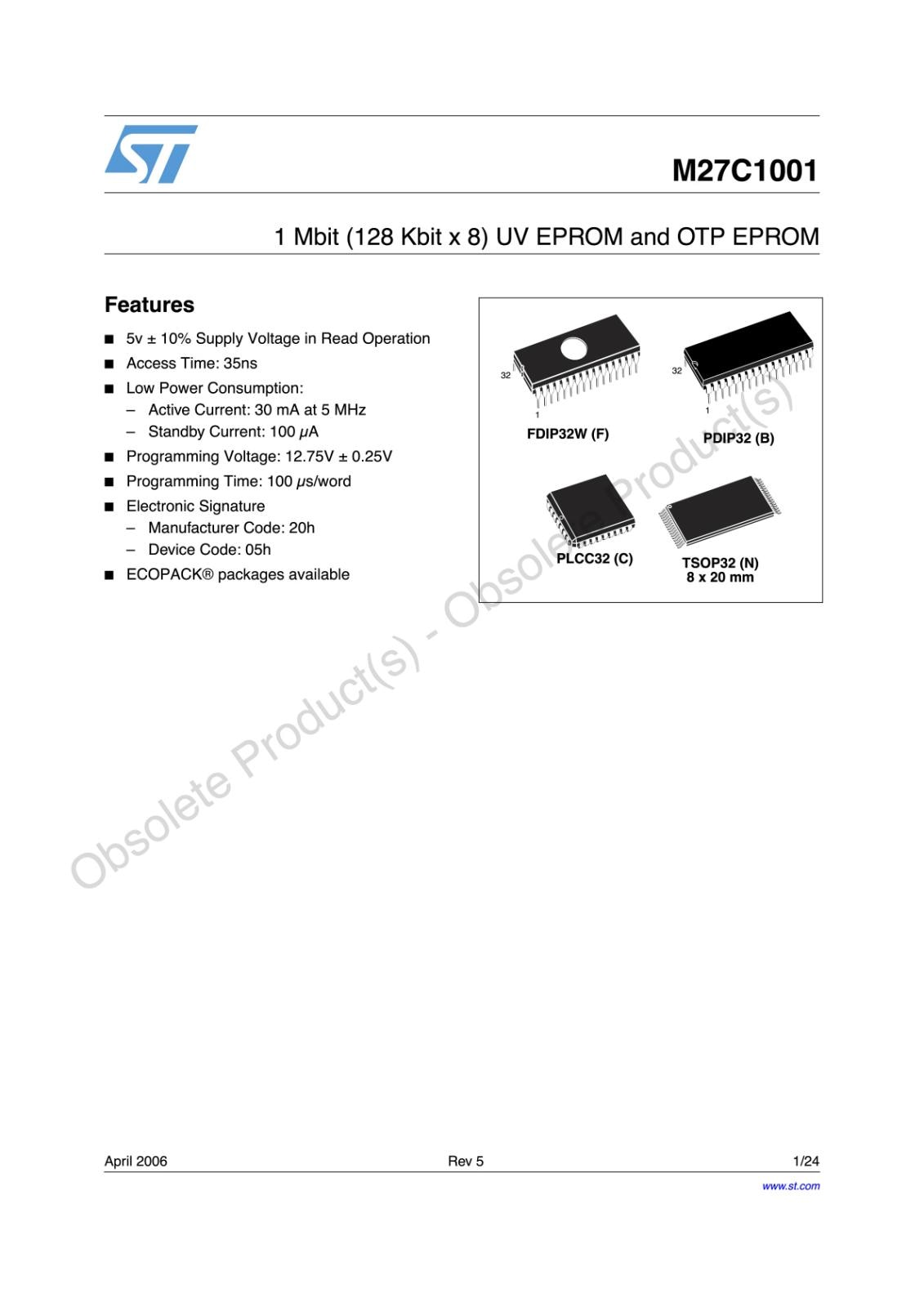 STMicroelectronics UV EPROM 1M M27C1001-10F1