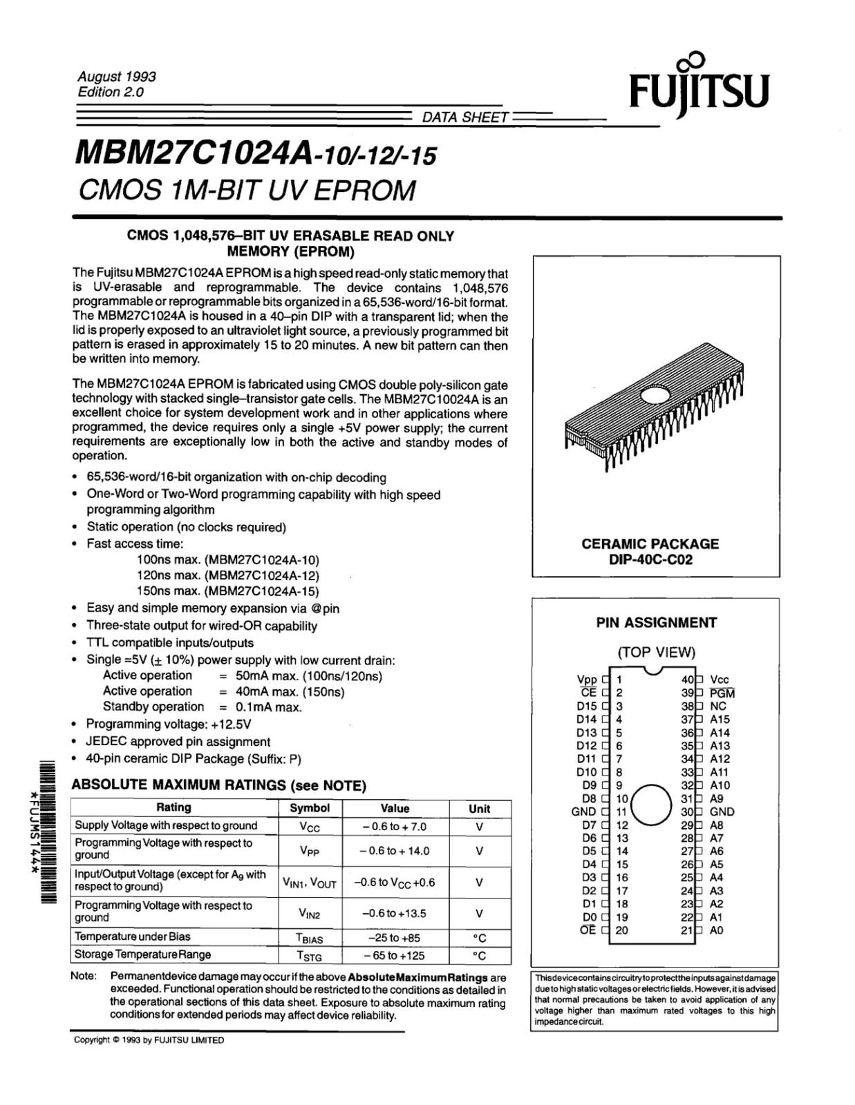 FUJITSU UV EPROM 1M MBM27C1024A-15Z