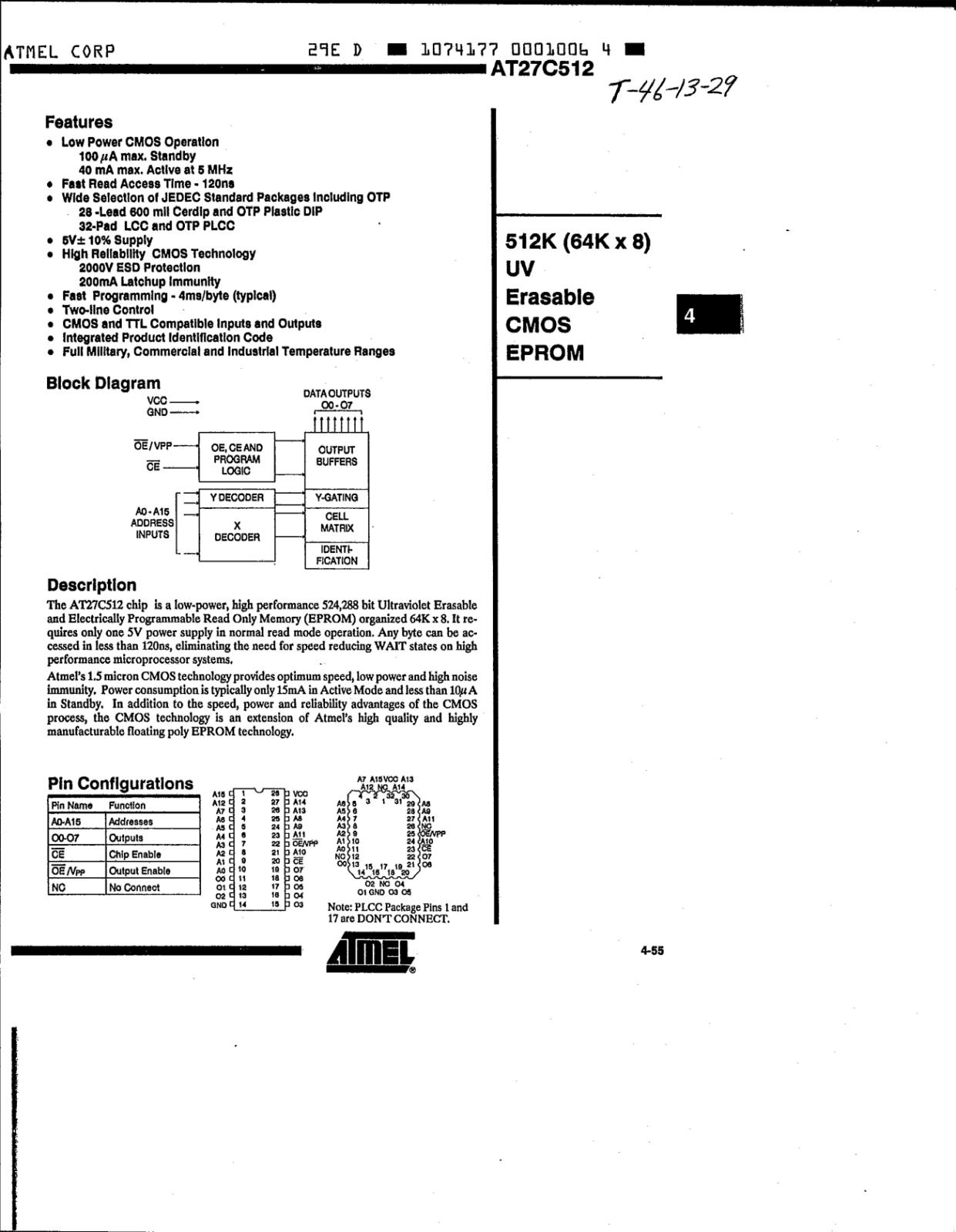 ATMEL UV EPROM 512K AT27C512-15DC