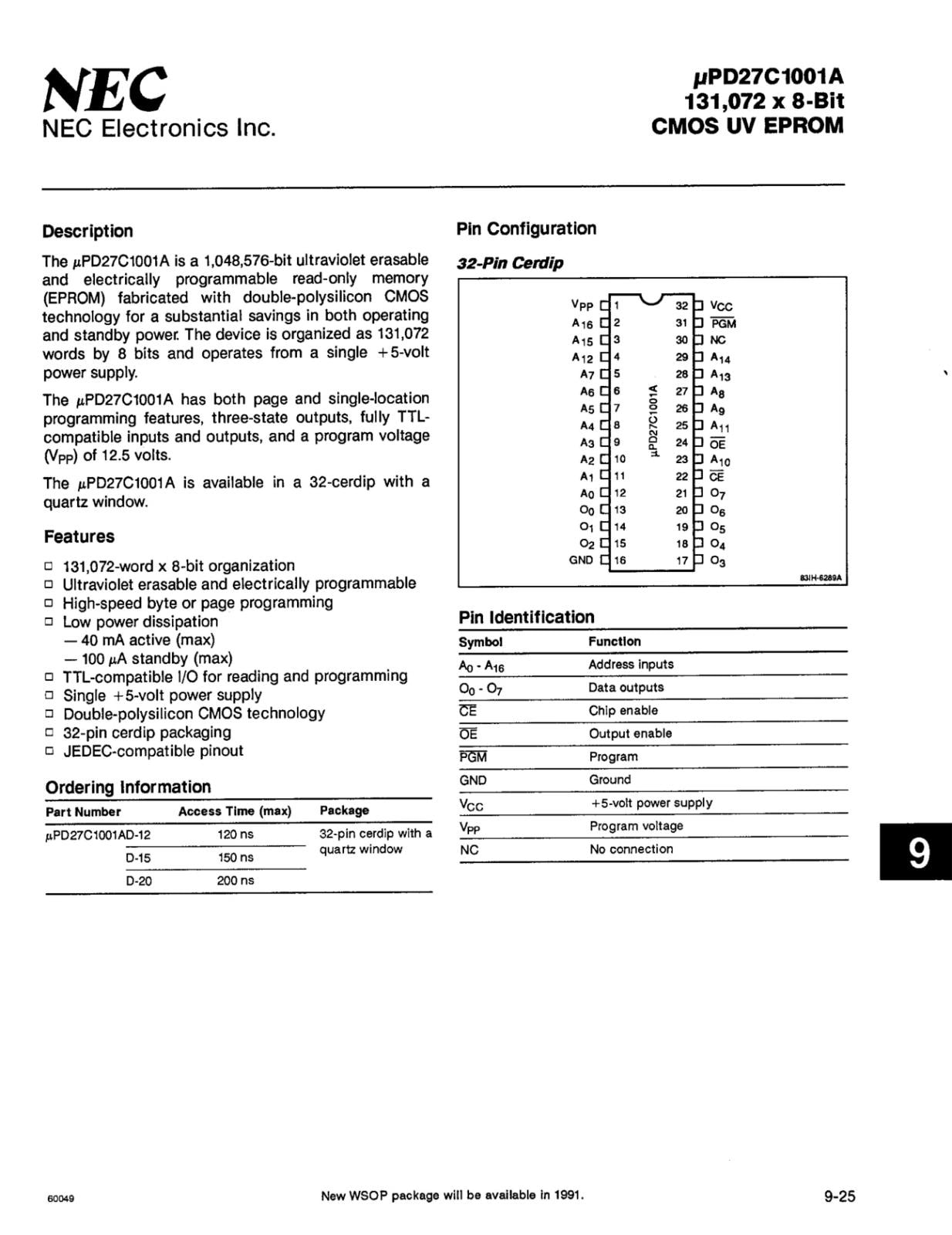 NEC UV EPROM 1M UPD27C1001A-12