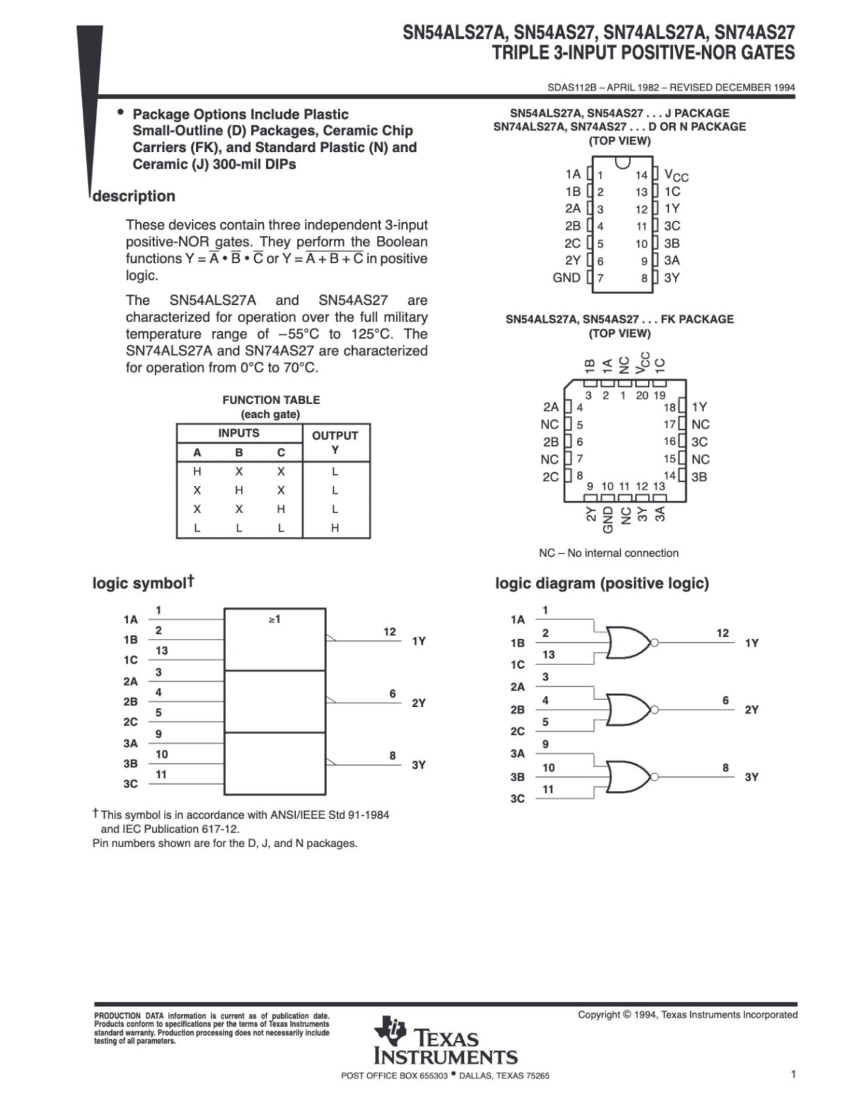 Texas Instruments ロジックIC TRIPLE 3-INPUT POSITIVE-NOR GATES SN74AS27N (5個セット)