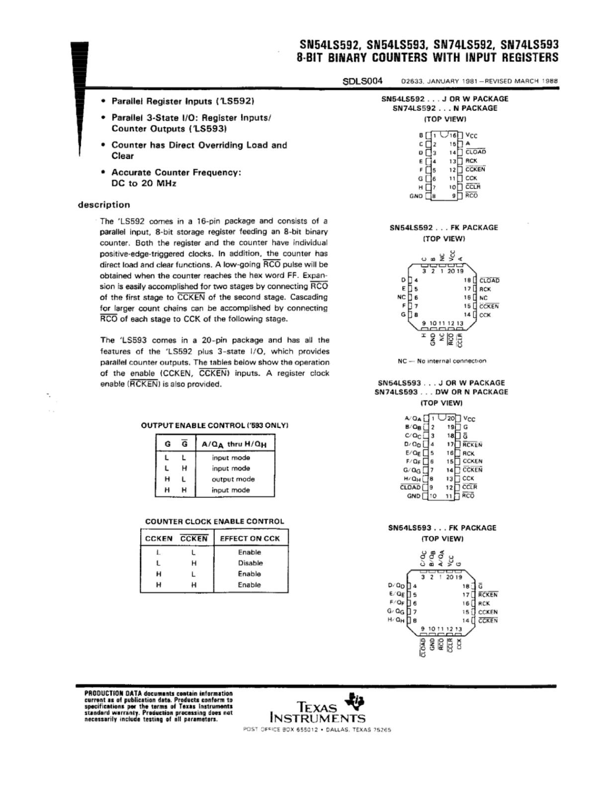 Texas Instruments ロジックIC 8-BIT BINARY COUNTERS SN74LS593N